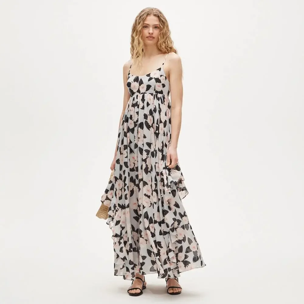 J.Crew Ruffle Maxi Dress Peony Print Oyster Grey Pink Size Small NWT